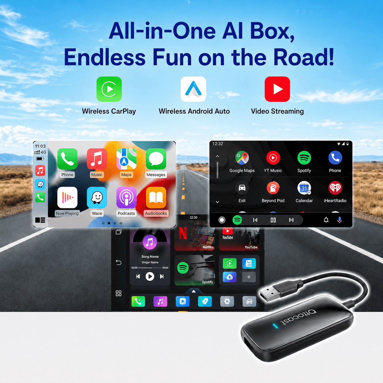 Ottocast® Play2Video Ultra – Autobox für Netflix, YouTube und Prime Video mit kabelloser CarPlay/Android Auto-Unterstützung