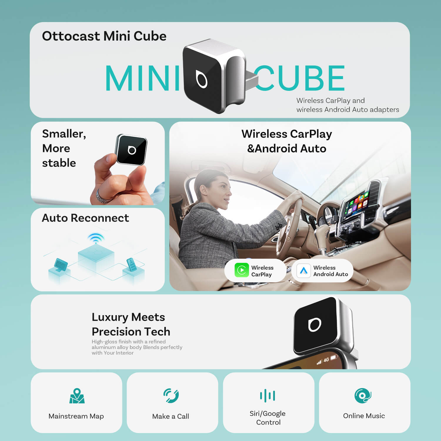 Adaptador inalámbrico Ottocast Mini Cube 3.0 para CarPlay/Android Auto