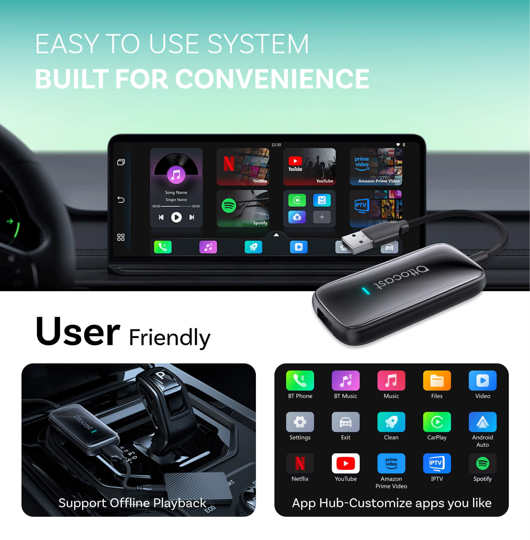 Ottocast® Play2Video Ultra – Autobox für Netflix, YouTube und Prime Video mit kabelloser CarPlay/Android Auto-Unterstützung
