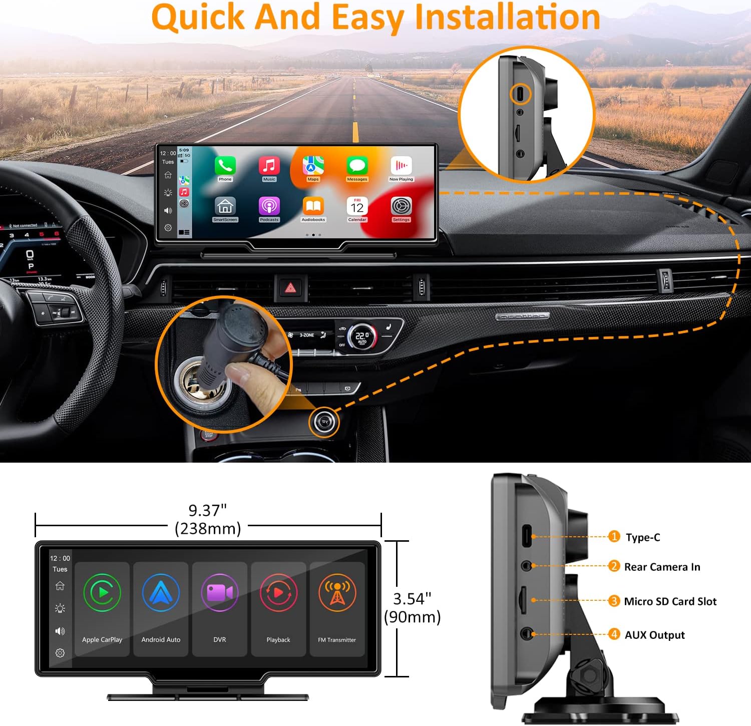Tragbarer Apple Carplay- und Android-Autobildschirm für das Auto – 10,26 Zoll