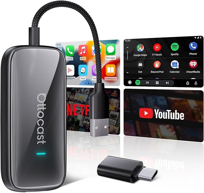 Ottocast® Play2Video Ultra - Boîtier voiture Netflix YouTube Prime Video avec CarPlay/Android Auto sans fil