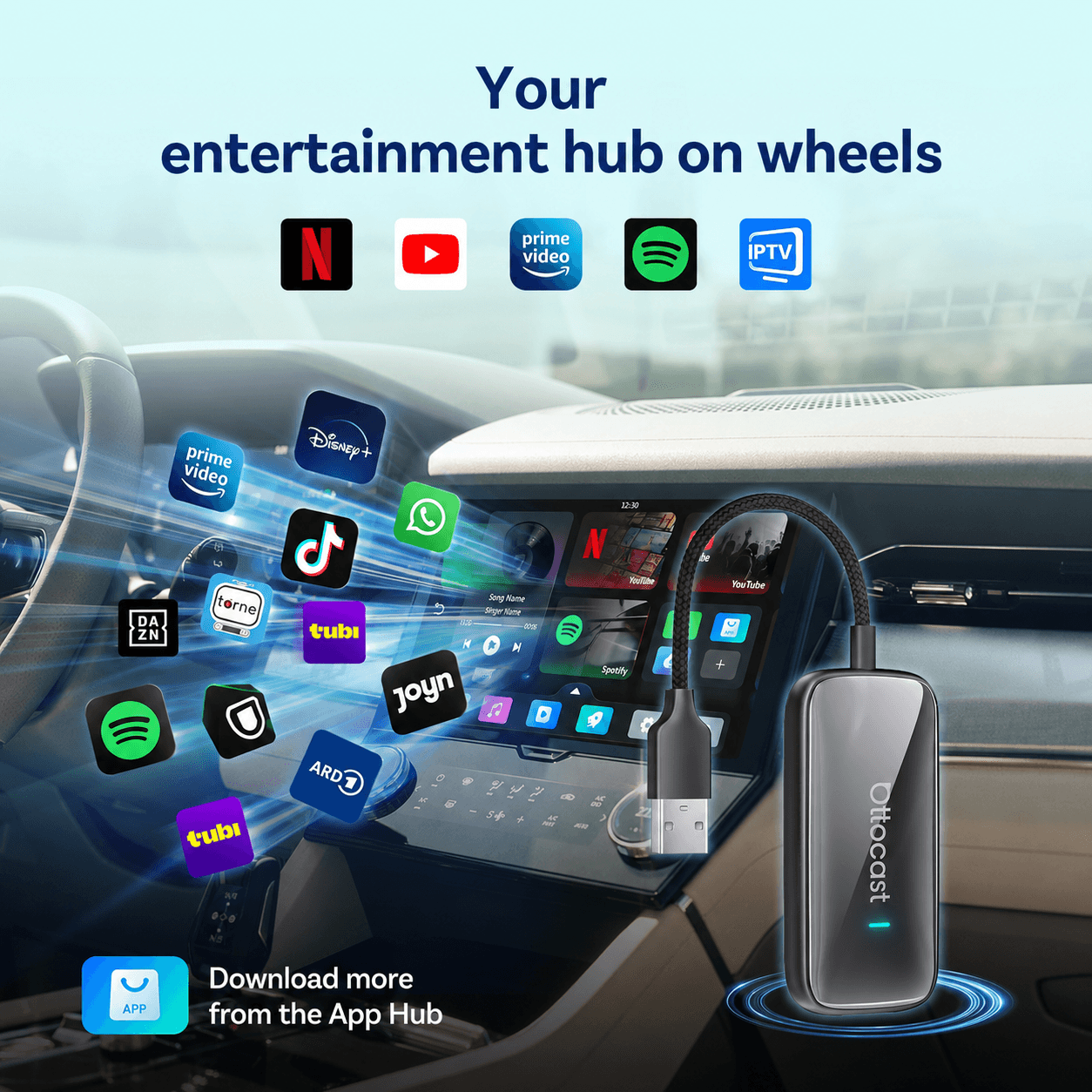 Ottocast® Play2Video Ultra - Box per auto con Netflix YouTube Prime e CarPlay/Android Auto wireless