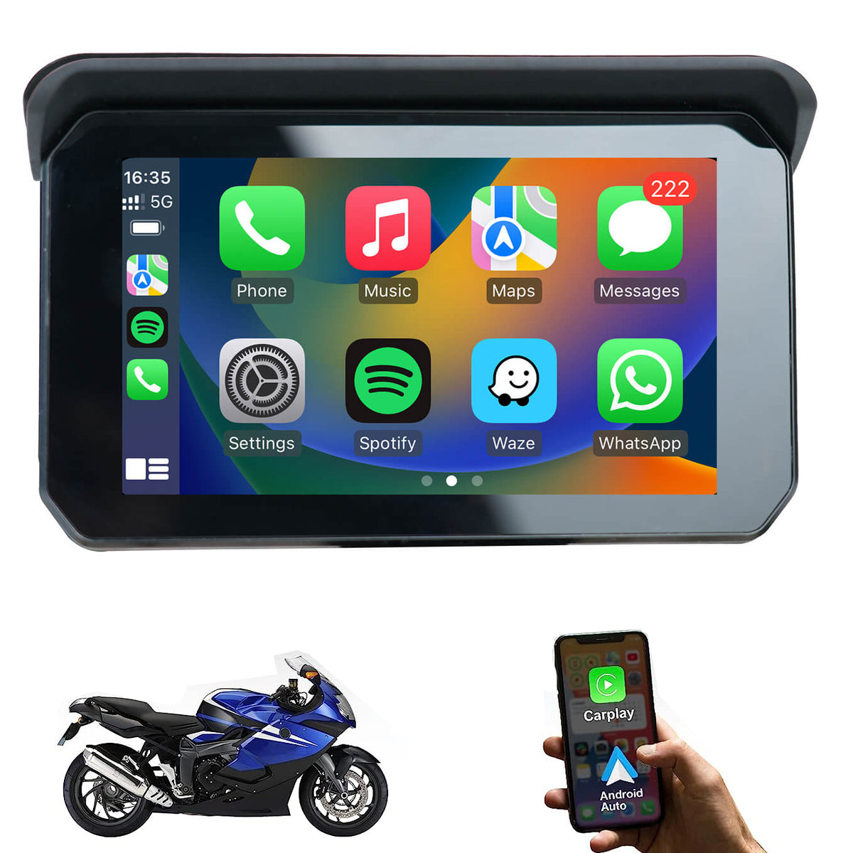 Écran CarPlay/Android Auto sans fil pour moto Portable CarPlay Lite C5 SE